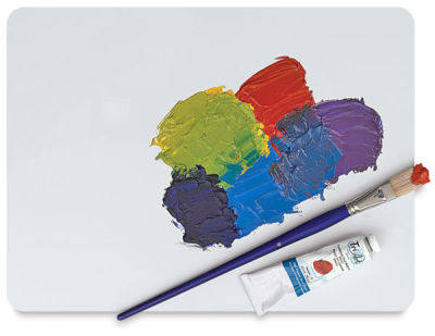 Tri-Art Non-Stick Palette - Shown with dried paint spots and brush