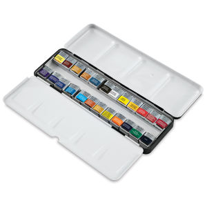 Winsor & Newton Professional Watercolor Half Pans - Blick Exclusive! Lightweight Sketchers' Box Half Pan Set of 24. Package open.