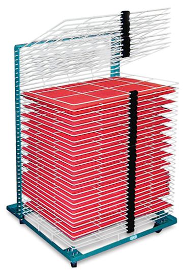Open in modal - AWT Portable Drying Racks - 20" x 26" Rack with nine racks lifted, rest holding red paper