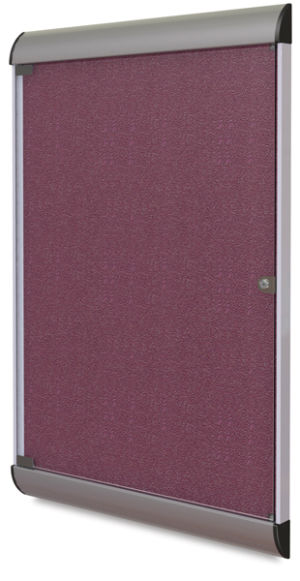 Ghent Enclosed Tackboard-right angle with metal frame, locking glass door shown in Berry color