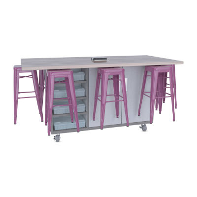 CEF Ed8 Work Table with Stools, 36"H table with purple stools and Folkstone Hex finish.