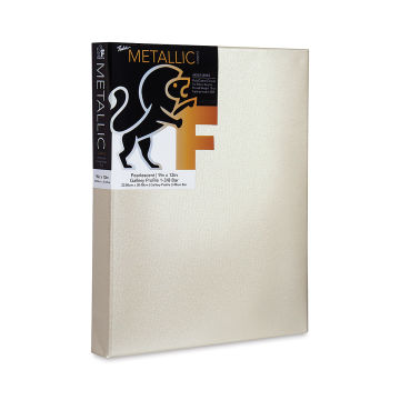 Fredrix Metallic Stretched Canvas - Angled view of Pearl Metalliz Canvas with label 