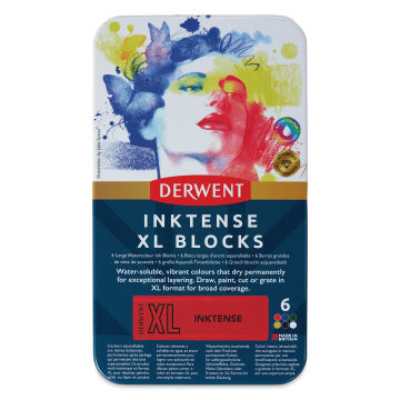 Derwent Inktense XL Blocks - Assorted, Set of 6, front of the tin packaging