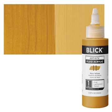 Open in modal - Blick Artists’ Fluid Acrylic - Mars Yellow, 100 ml, Bottle and Swatch