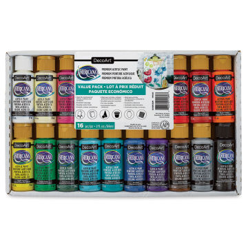 DecoArt Americana Acrylic Paint - Front of package of Value Set of 16 colors