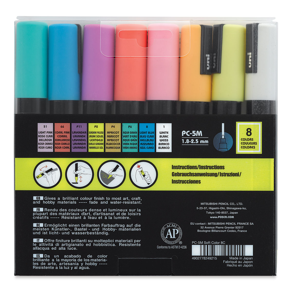 Uni Posca Paint Markers - Soft Colors, Set of 8, Medium Tip, 2.5 mm