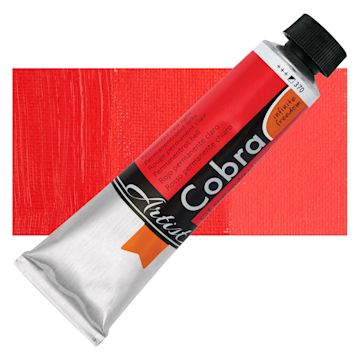 Open in modal - Cobra Artist Water Mixable Oil Paint - Permanent Red Light, 40 ml tube and swatch