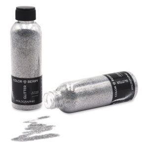 Colorberry Glitter - Holographic Silver, Fine, 90 grams, Bottle (Glitter shown in and out of bottle)