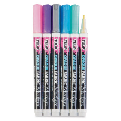 Tulip Opaque Bullet Tip Fabric Markers - 6 Bright Markers upright with one uncapped