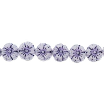 Open in modal - John Bead Glass Flower Bead Strand - Purple on Alabaster, 9 mm