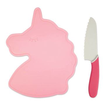Handstand Kitchen Cutting Board & Knife Set - Rainbows and Unicorns, outside of packaging.