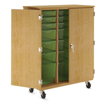 Open in modal - Diversified Spaces Mobile Tote and More Storage Cabinet with Locking Doors - Oak with Lime Totes