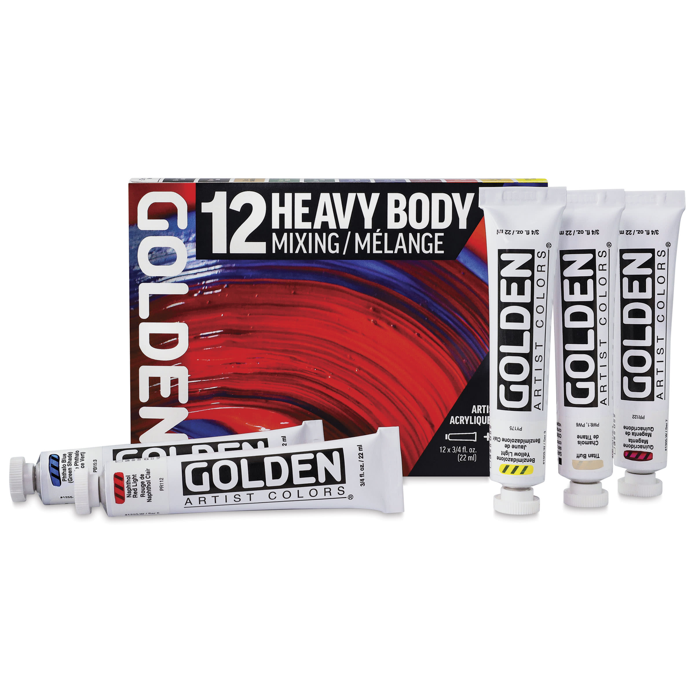 Golden Heavy Body Artist Acrylic Set - Mixing Set of 12 with Gloss Glazing Liquid, 22 ml Tubes, tubes with packaging