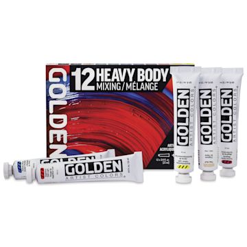 Open in modal - Golden Heavy Body Artist Acrylic Set - Mixing Set of 12 with Gloss Glazing Liquid, 22 ml Tubes, tubes with packaging