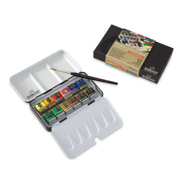 Rembrandt Watercolor Half Pan Set - 12 Mono Pigmented colors with tin, sable brush and package shown