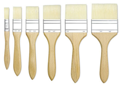 Blick Scholastic White Bristle Gesso Brush - 6 sizes of Brushes shown upright in row
