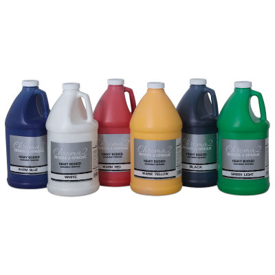 Chroma 2 Washable Tempera Paint - Set of 6 Half Gallon jugs of Warm colors in row