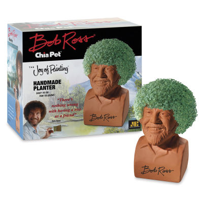 Chia Pet Bob Ross - finished figurine shown adjacent to package