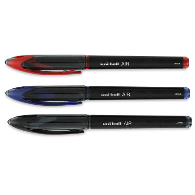 Uni-Ball Air Rollerball Pens - Red, Blue and Black pens shown capped horizontally
