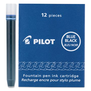 Open in modal - Pilot Fountain Pen Ink Cartridge - Blue Black, Pkg of 12, one cartridge next to the packaging