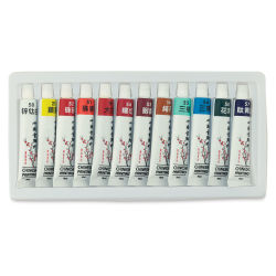 Yasutomo Authentic Chinese Watercolor Set - 12 Tubes of Watercolors shown in tray

