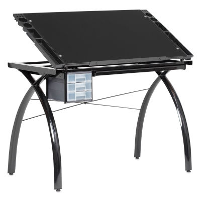 Studio Designs Futura Craft Station - Black Frame/Black Glass, front of the table with top raised