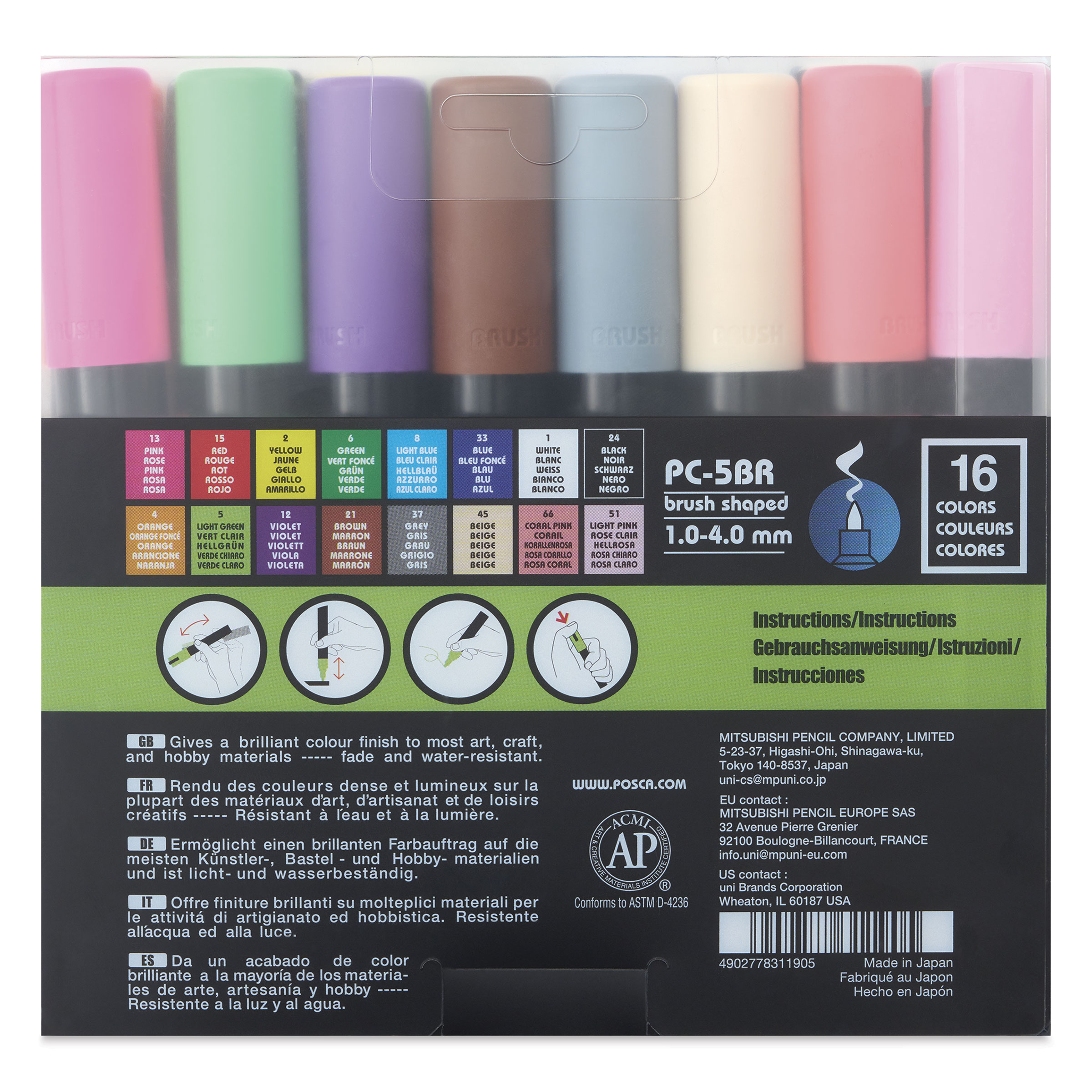 Posca Brush Paint Markers - Set of 16, Assorted Colors, Brush Tip