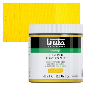 Open in modal - Liquitex Bio-Based Heavy Acrylic Paint - Cadmium-Free Yellow Medium, 500 ml jar and swatch