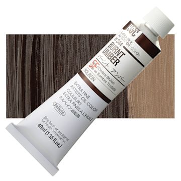 Open in modal - Holbien Artists' Oil Color - Burnt Umber, 40 ml tube and swatch