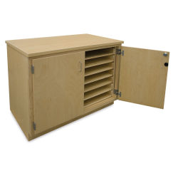 Hann Paper Storage Cabinets - Angled view of Laminate top Cabinet with one door open showing shelves