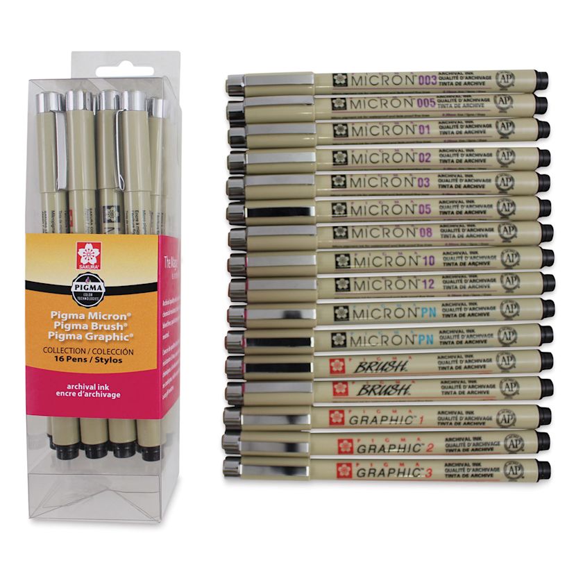 Sakura Pigma Micron, Brush and Graphic Markers - Set of 16, Black ...