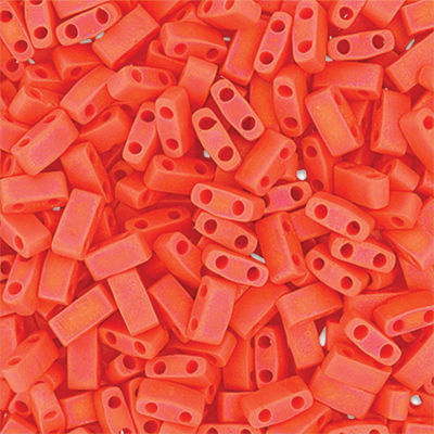 John Bead Miyuki Half Cut Tila Beads - Coral, Opaque Matte, AB, 5 mm x 2.3 mm (Close-up of beads)