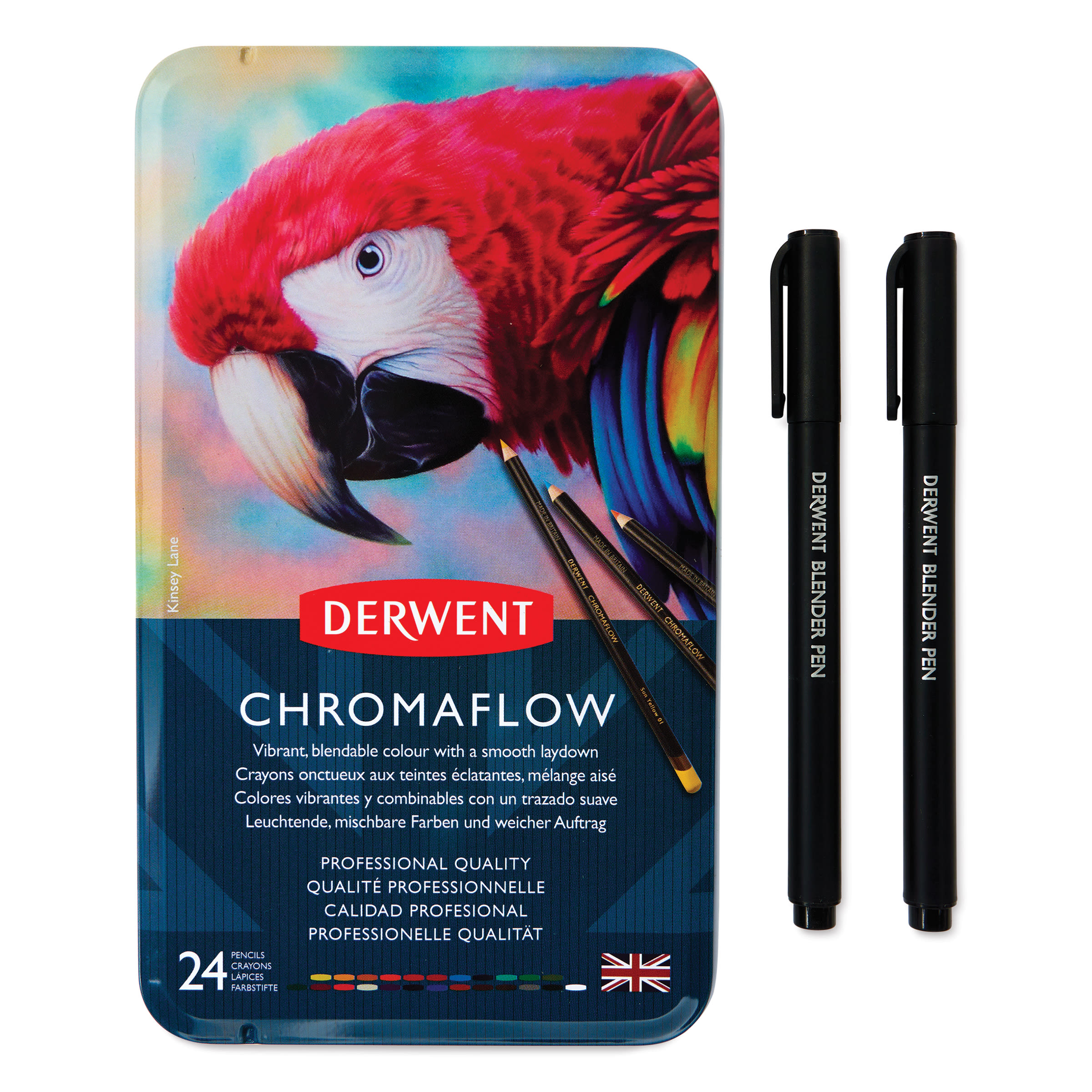 Derwent Chromaflow Colored Pencils - Set of 26, two blender pens next to packaging