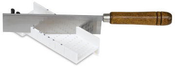 Easy Mitre Box Deluxe - Angled view of Miter Box with Razor saw inserted at angle