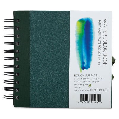 Shizen Watercolor Journals - Front view of 6" x 6" Rough Press Journal with green cover 