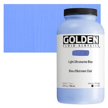 Open in modal - Golden Fluid Acrylic - Light Ultramarine Blue, 32 oz bottle and swatch