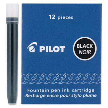 Open in modal - Pilot Fountain Pen Ink Cartridge - Black, Pkg of 12, one cartridge next to the packaging