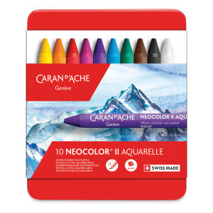 Caran d'Ache Neocolor II Aquarelle Artists' Pastels Set - Assorted Colors, Set of 10. In package.