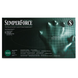 SemperForce Black Nitrile Gloves - Front of package of Small size gloves shown