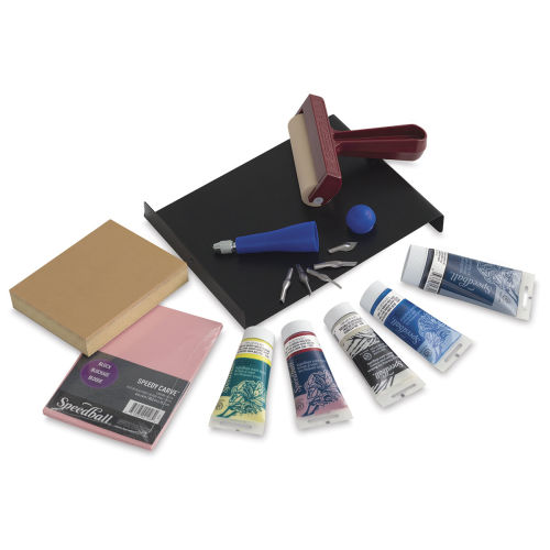  Speedball Deluxe Block Printing Kit - Includes Inks, Brayer,  Bench Hook, Lino Handle and Cutters, Speedy-Carve Block, Mounted Linoleum  Block