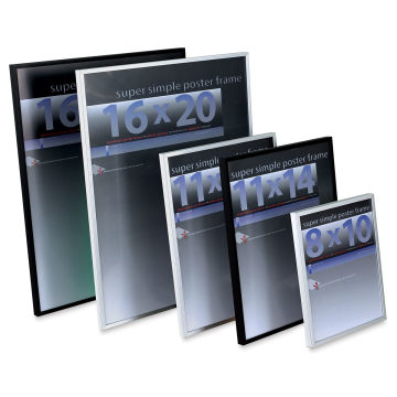 MCS Framatic Super Simple Poster Frames - Angled view of several Silver and Black Frames