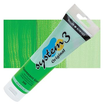 Open in modal - Daler-Rowney System3 Acrylic - Fluorescent Green, 150 ml tube and swatch