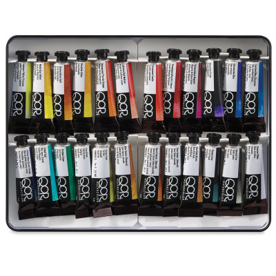 QoR Modern Watercolors - Set of 24. Open tin with two rows of tubes.