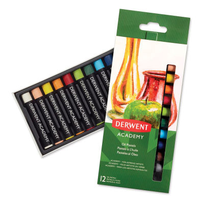 Derwent Academy Oil Pastels - Set of 12 pastels in tray with package adjacent