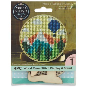 Cross Stitch Style Wood Shapes and Stands - Front of blister package

