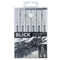Blick Studio Brush Markers - Gray Colors, Set of 6. Front of package.
