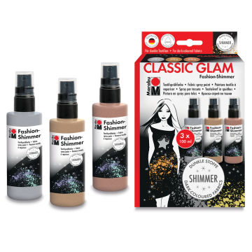 Marabu Fashion Spray Fabric Paint Sets - Components of Classic Glam Set shown with package