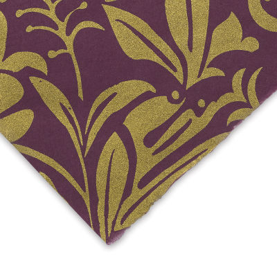 Black Ink Screenprinted Mulberry Paper - Corner of Plum with Gold Moonflower design