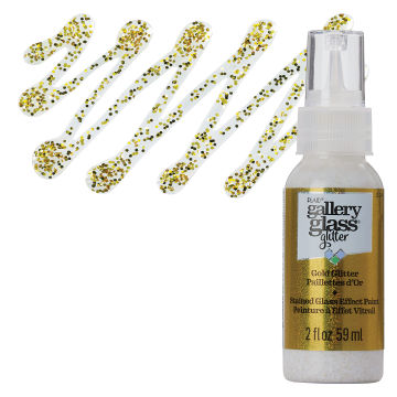 Gallery Glass Paint - Glitter Gold, 2 oz swatch with bottle