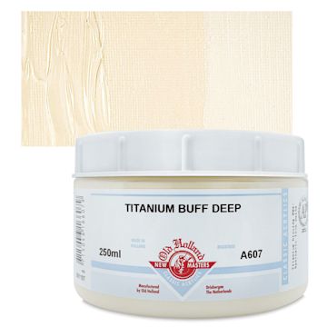 Open in modal - Old Holland New Masters Classic Acrylic Paint - Titanium Buff Deep, 250 ml jar and swatch